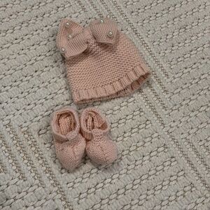 NWOT Laura Ashley Pink Knit Hat and Booties Set
